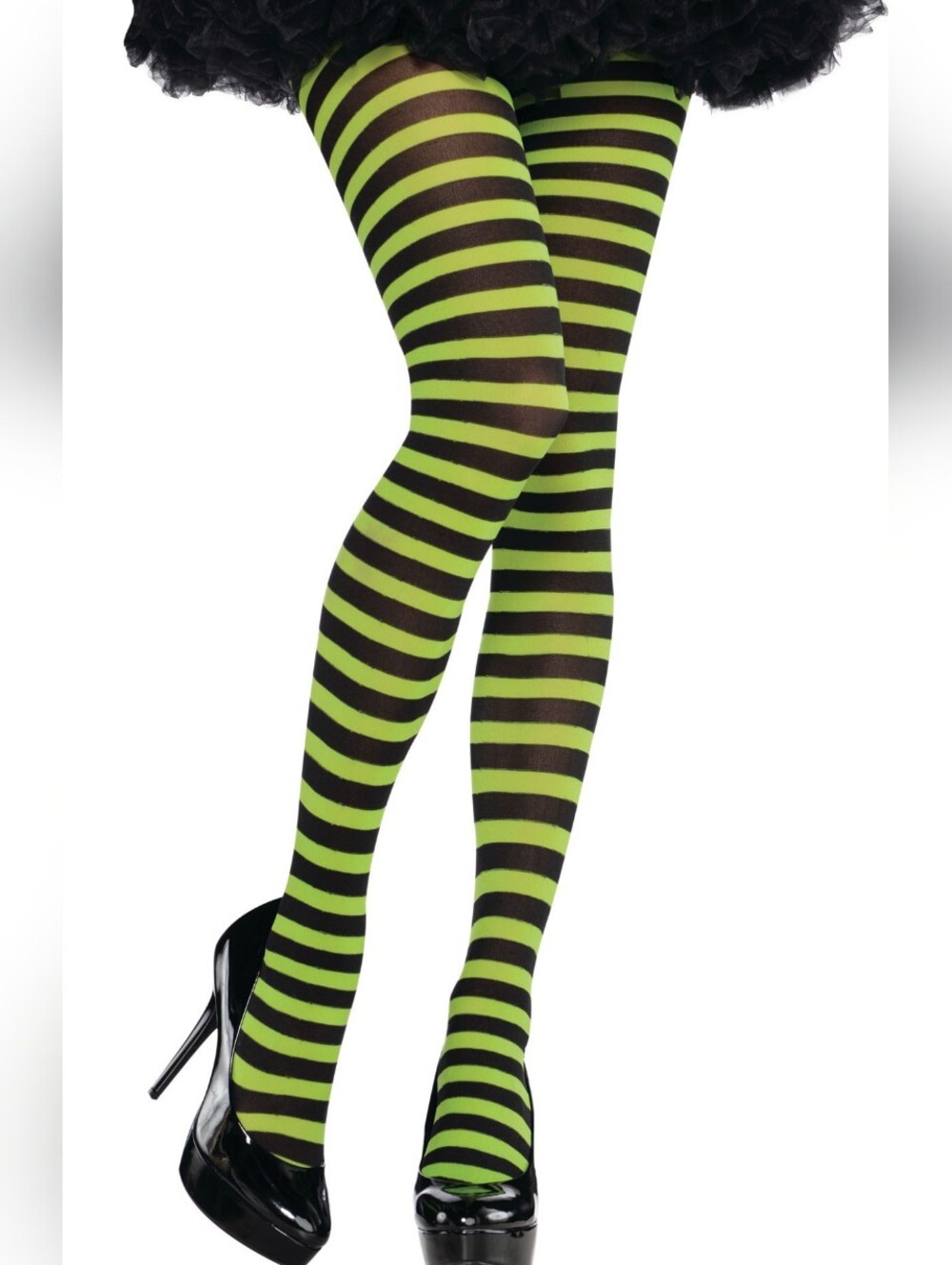 🎃 O/S • Rubies • Fluorescent Yellow Green And Black Striped Halloween Tights